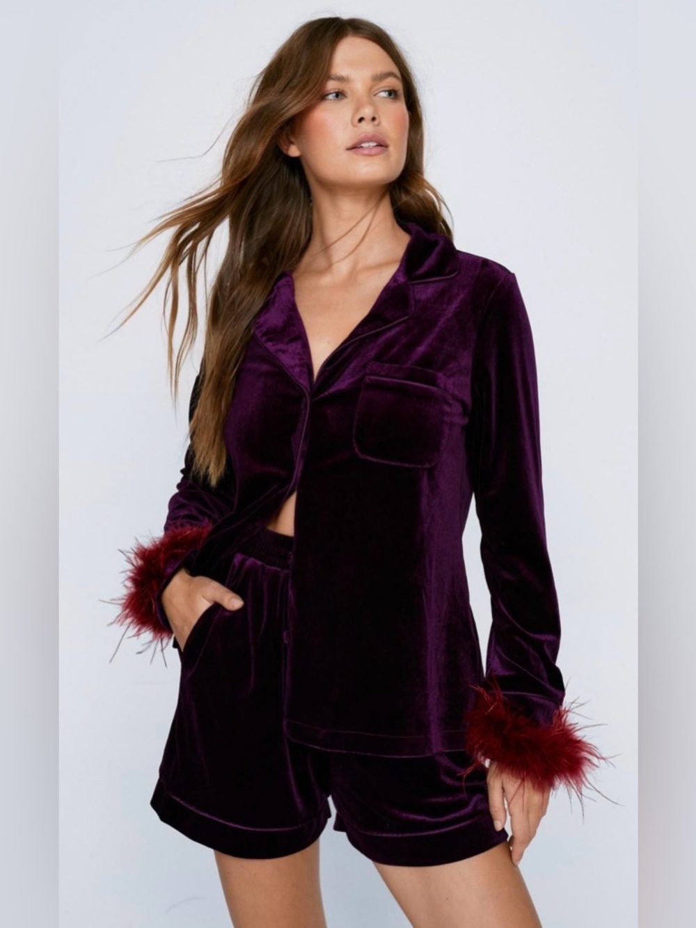 Nasty Gal Contrast Feather Trim Velvet 2pc Pajama Set, NWT ($55)!